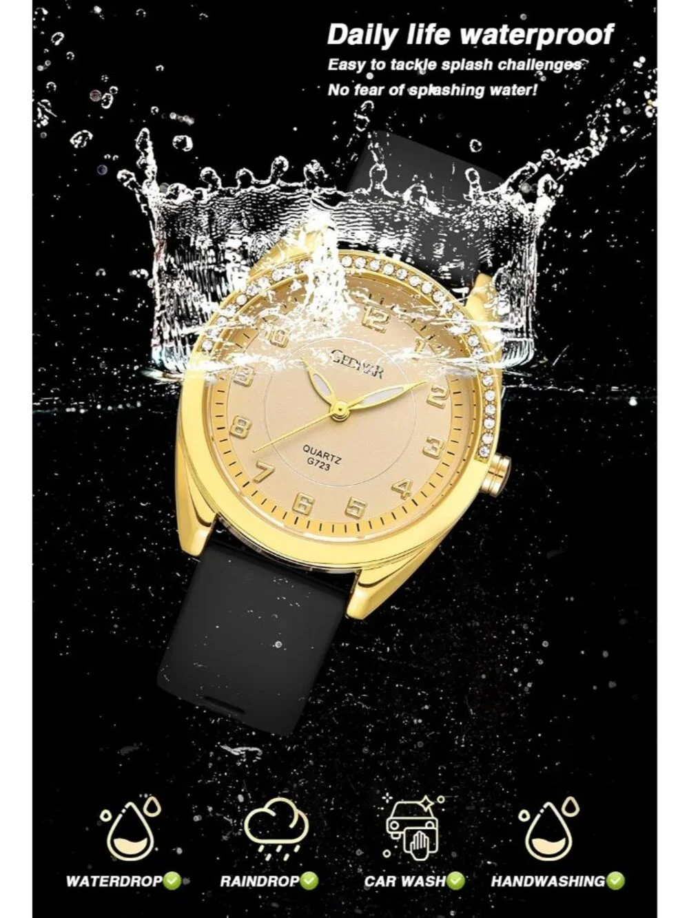 Women's Gold Silicone Strap Waterproof Analog Quartz Easy Read Dial Wrist Watch
